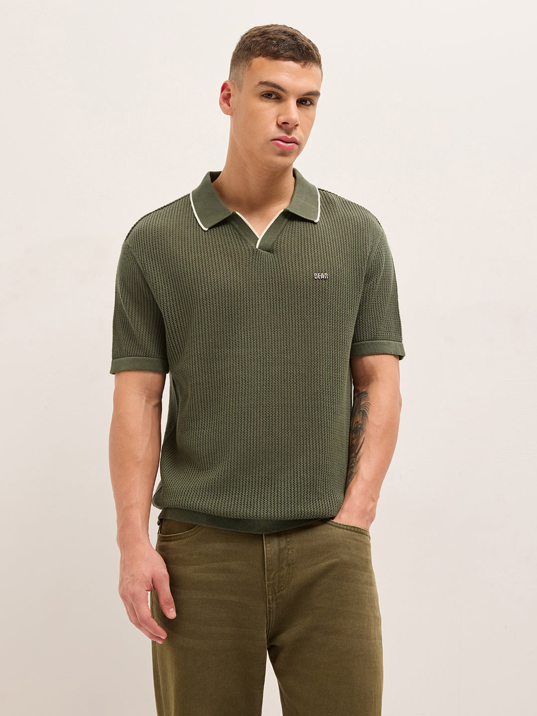 Olive Relaxed Fit Mesh Textured Flat Knit Polo with Transparent Effect