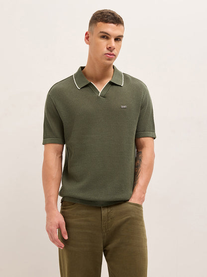 Olive Relaxed Fit Mesh Textured Flat Knit Polo with Transparent Effect
