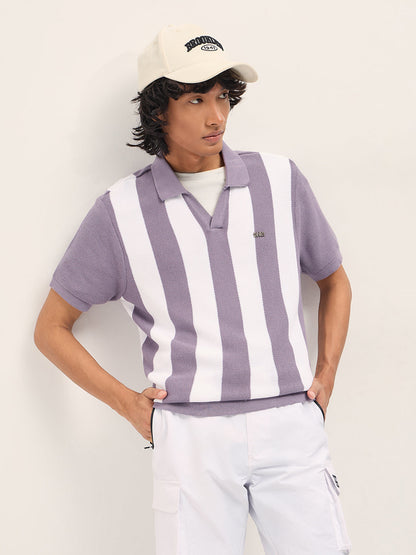 Purple and White Bold Vertical Stripe Knit Regular Fit Polo