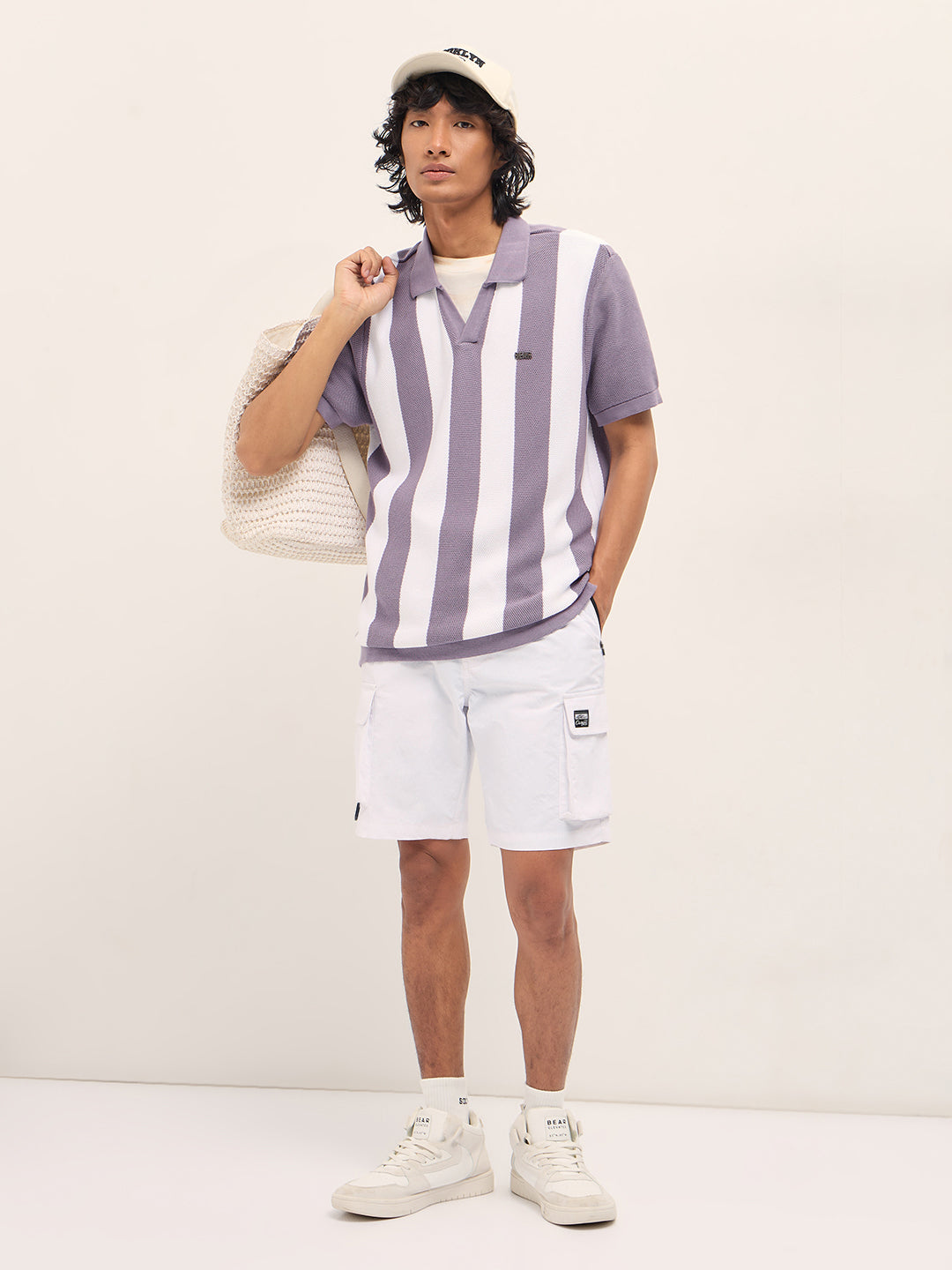 Purple and White Bold Vertical Stripe Knit Regular Fit Polo