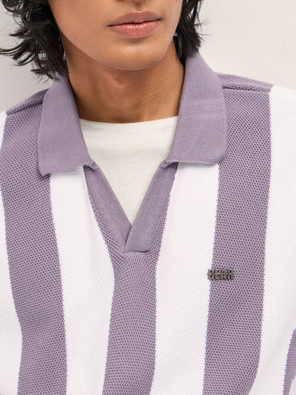 Purple and White Bold Vertical Stripe Knit Regular Fit Polo