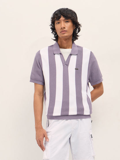 Purple and White Bold Vertical Stripe Knit Regular Fit Polo