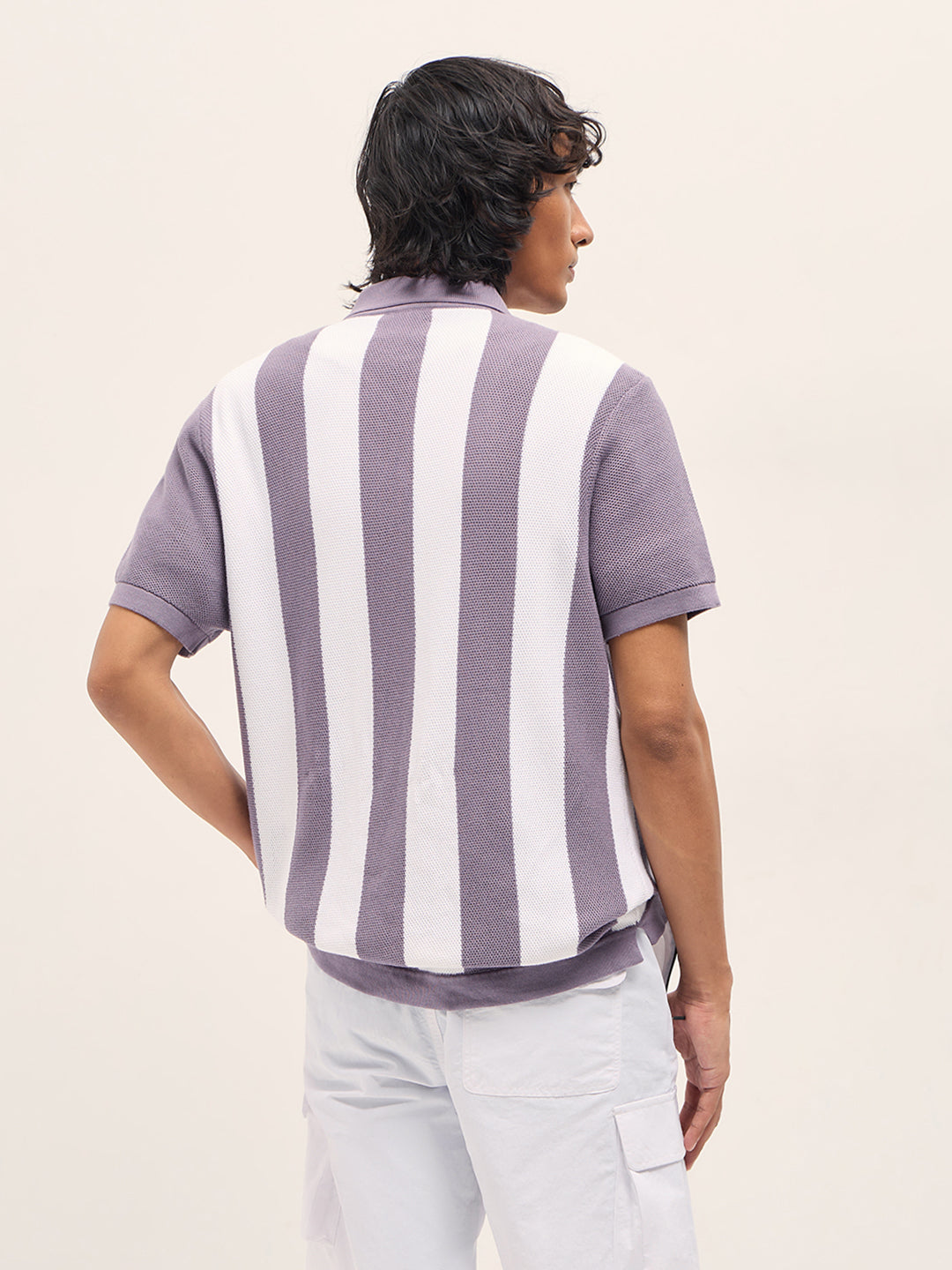 Purple and White Bold Vertical Stripe Knit Regular Fit Polo