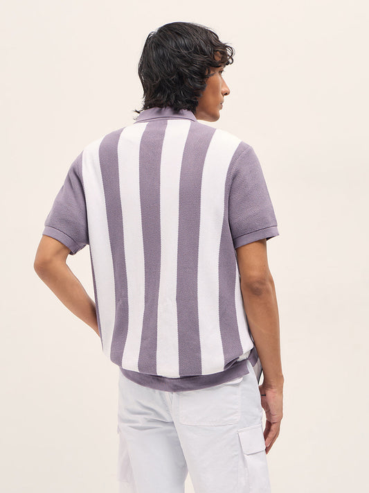 Purple and White Bold Vertical Stripe Knit Regular Fit Polo
