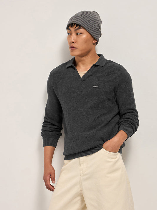 Grey Textured Knit Regular Fit Polo with V-Neck Opening