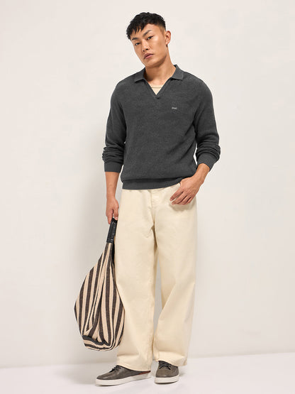 Grey Textured Knit Regular Fit Polo with V-Neck Opening