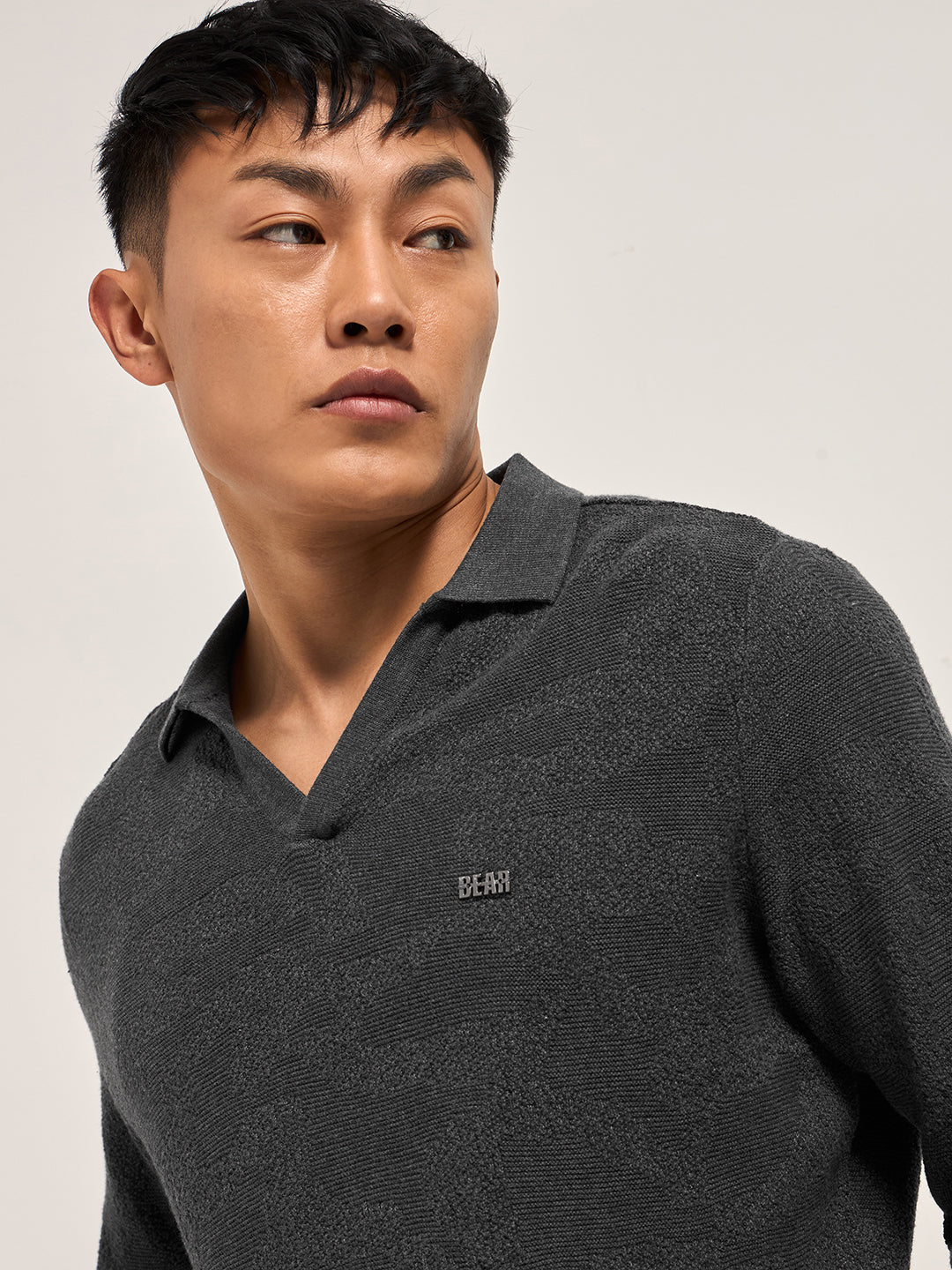 Grey Textured Knit Regular Fit Polo with V-Neck Opening