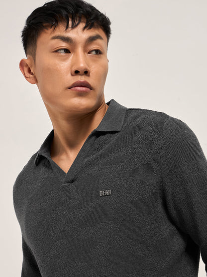 Grey Textured Knit Regular Fit Polo with V-Neck Opening