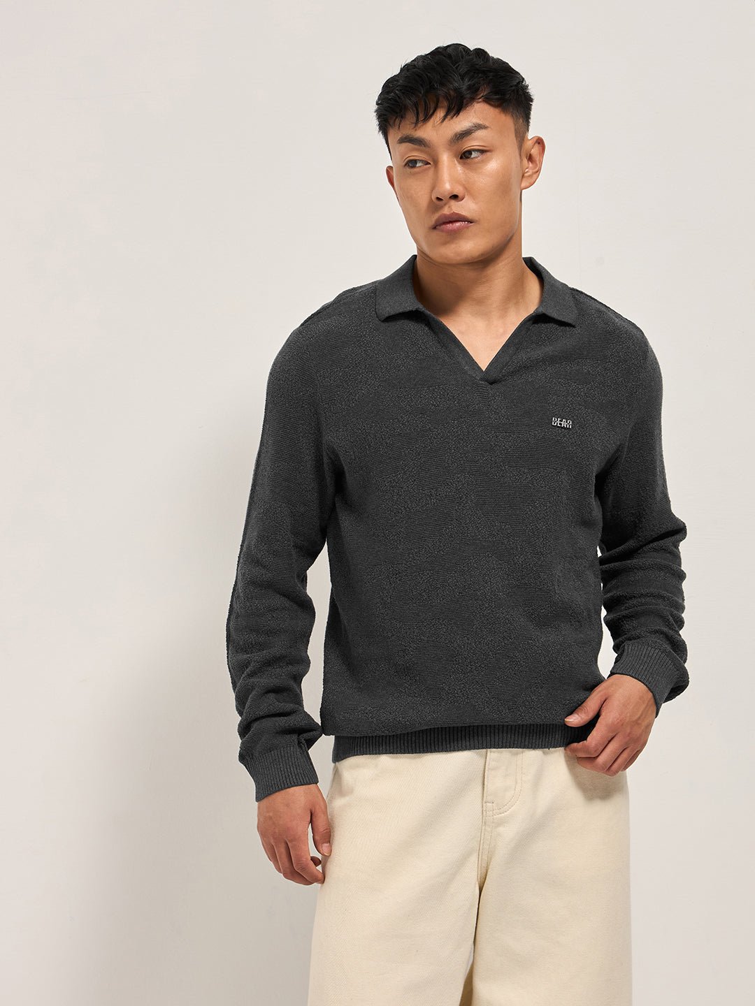 Grey Textured Knit Regular Fit Polo with V-Neck Opening
