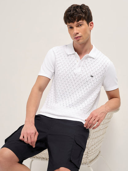 White Slim Fit Diamond Textured Flat Knit Polo with Transparent Effect