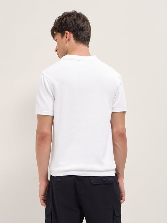 White Slim Fit Diamond Textured Flat Knit Polo with Transparent Effect