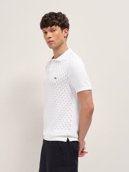 White Slim Fit Diamond Textured Flat Knit Polo with Transparent Effect