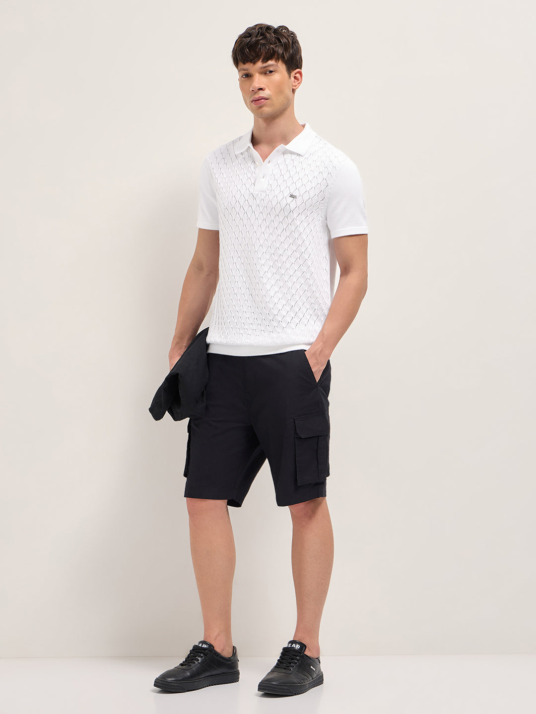 White Slim Fit Diamond Textured Flat Knit Polo with Transparent Effect