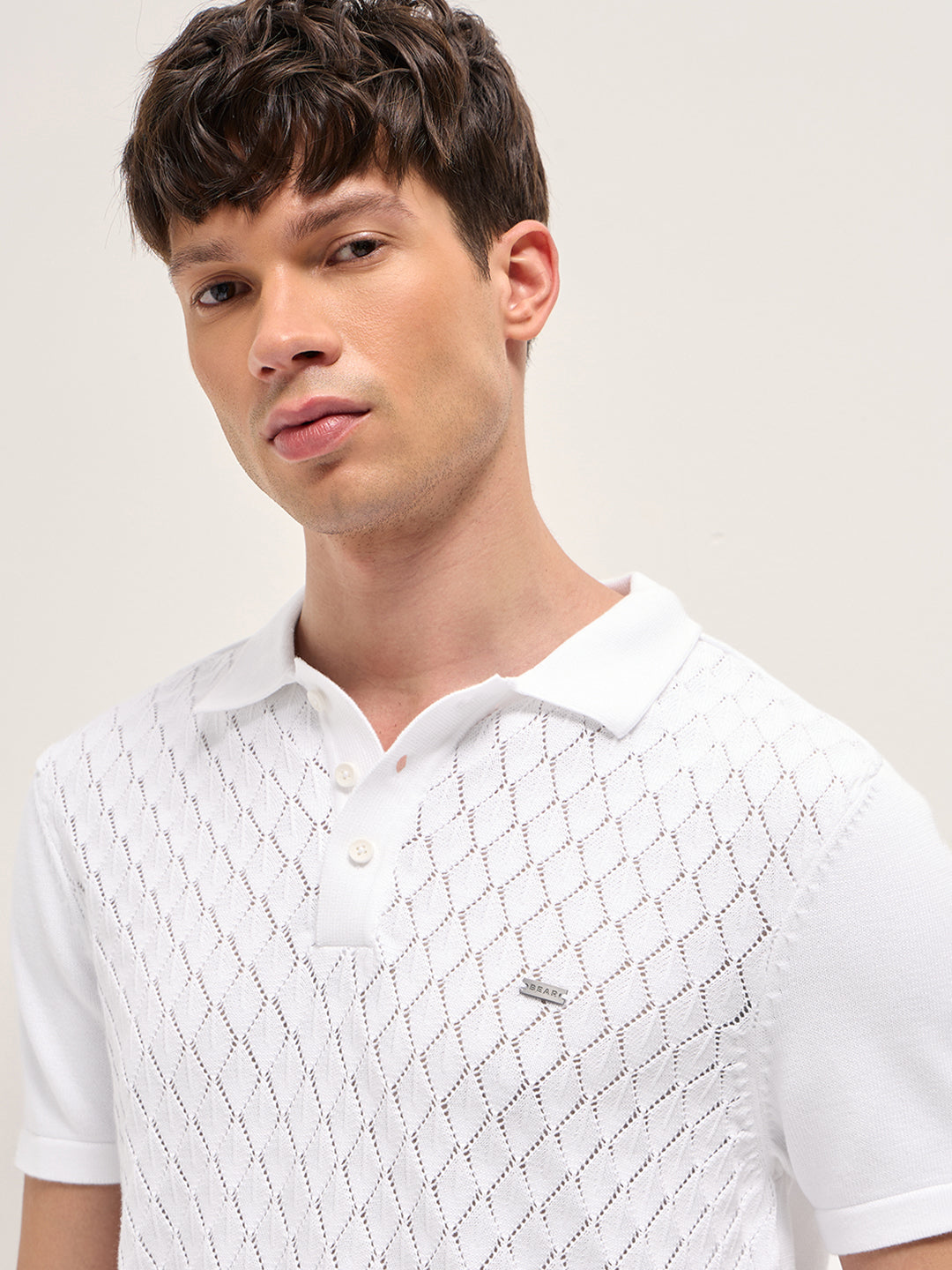 White Slim Fit Diamond Textured Flat Knit Polo with Transparent Effect