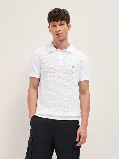 White Slim Fit Diamond Textured Flat Knit Polo with Transparent Effect