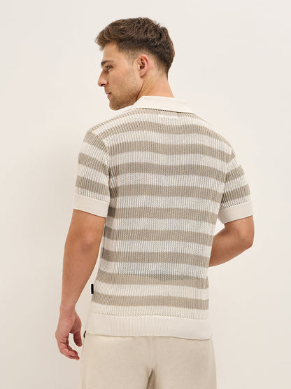 Beige with Cream Horizontal Textured stripes Regular Fit Polo