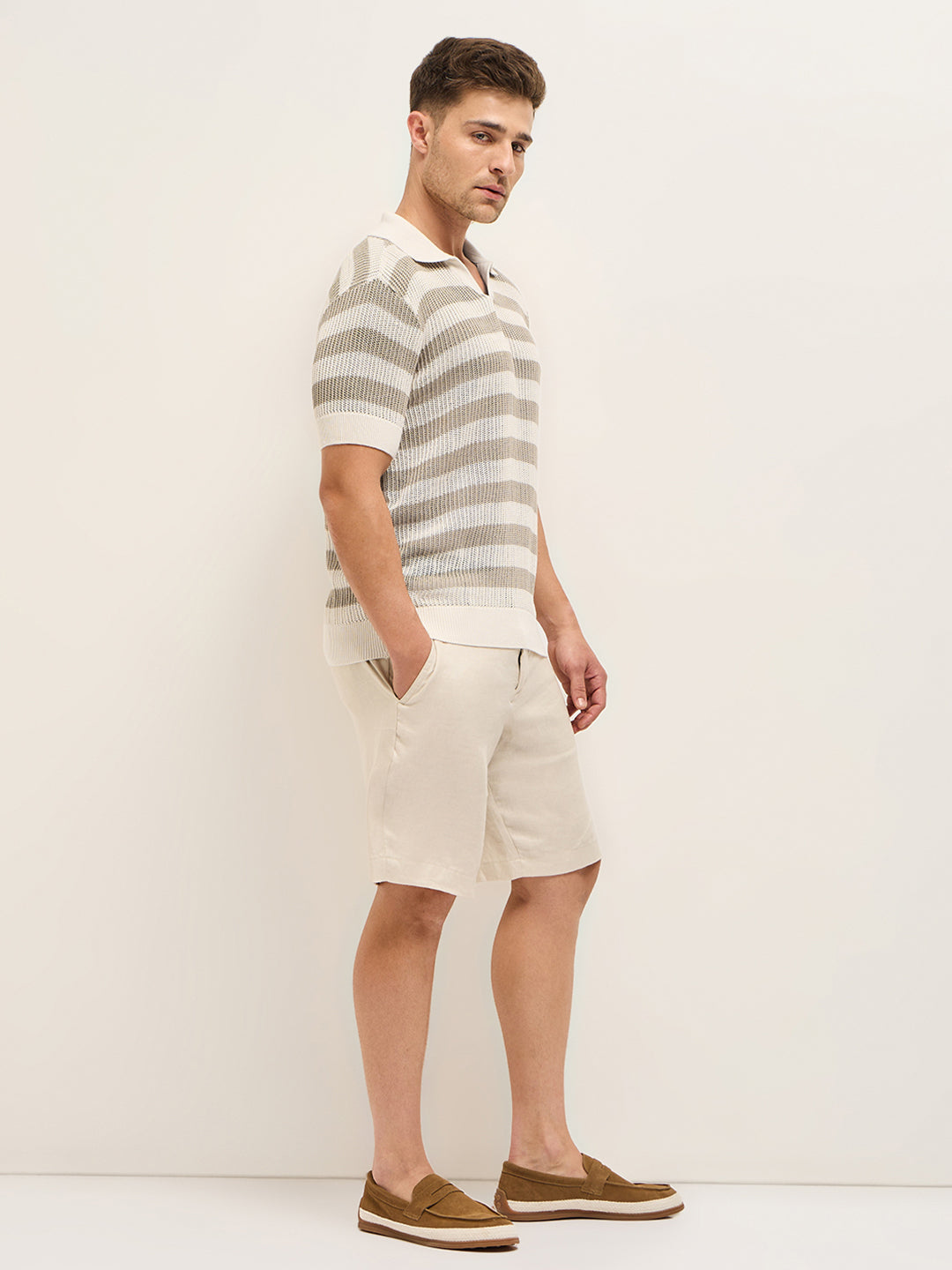 Beige with Cream Horizontal Textured stripes Regular Fit Polo