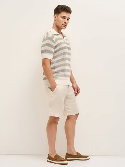 Beige with Cream Horizontal Textured stripes Regular Fit Polo