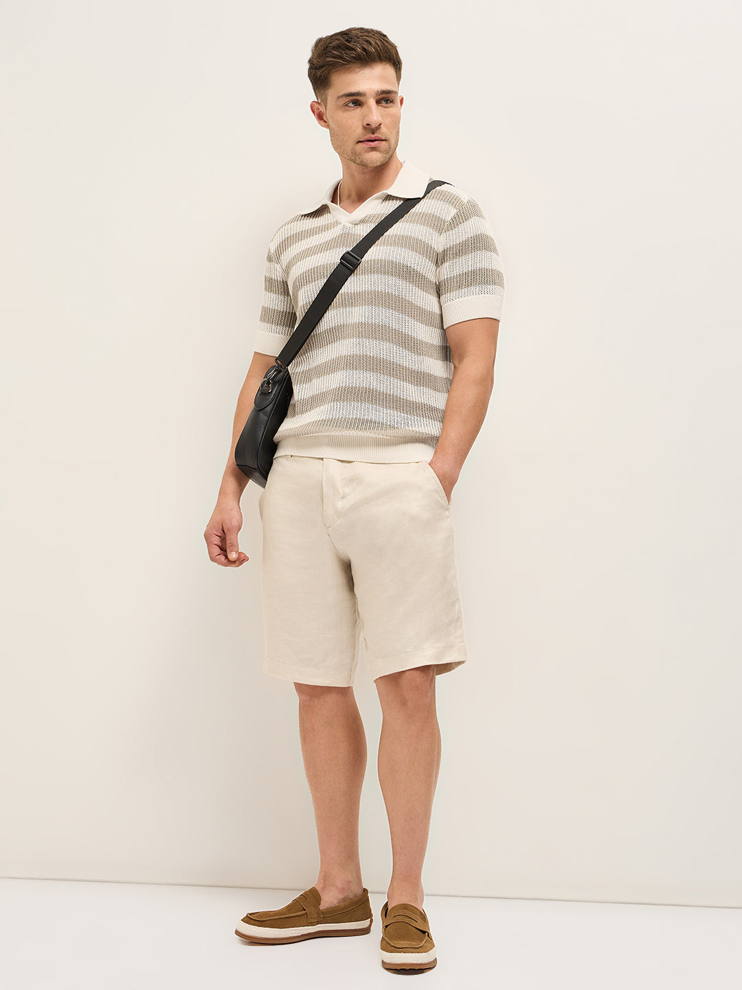 Beige with Cream Horizontal Textured stripes Regular Fit Polo