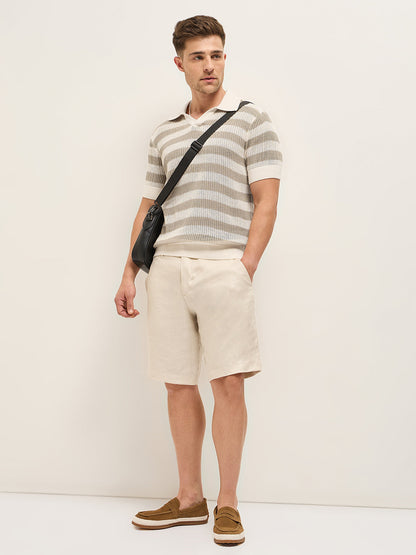 Beige with Cream Horizontal Textured stripes Regular Fit Polo