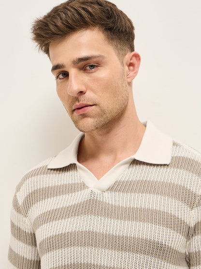 Beige with Cream Horizontal Textured stripes Regular Fit Polo