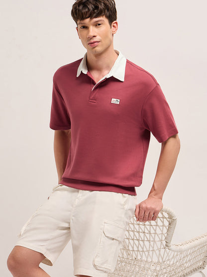 Red Solid Relax Fit Polo with Contrast Collar and Hidden Button Placket