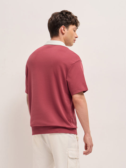 Red Solid Relax Fit Polo with Contrast Collar and Hidden Button Placket