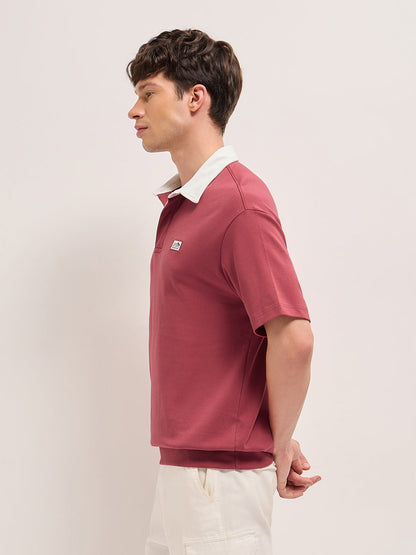 Red Solid Relax Fit Polo with Contrast Collar and Hidden Button Placket