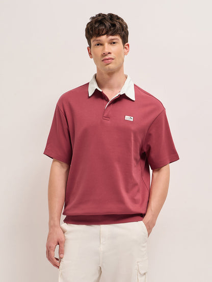 Red Solid Relax Fit Polo with Contrast Collar and Hidden Button Placket