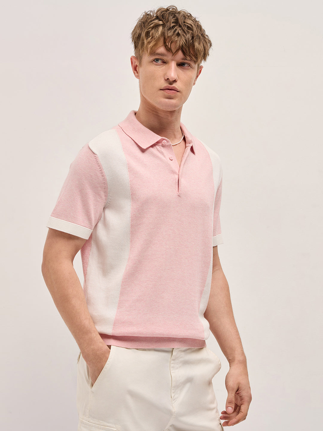 Pink & White Color Block Knit Design Regular Fit Polo