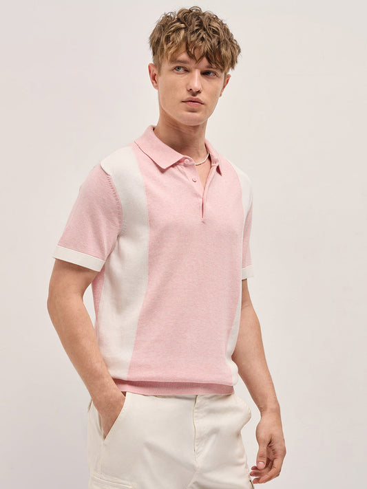 Pink & White Color Block Knit Design Regular Fit Polo