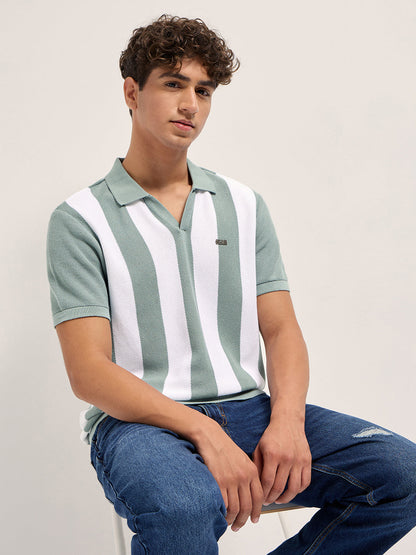 Green and White Bold Vertical Stripe Knit Regular Fit Polo