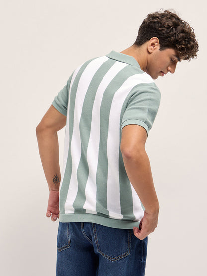 Green and White Bold Vertical Stripe Knit Regular Fit Polo