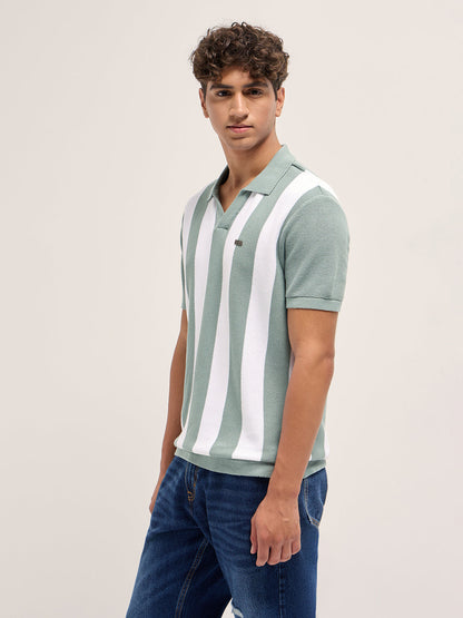 Green and White Bold Vertical Stripe Knit Regular Fit Polo