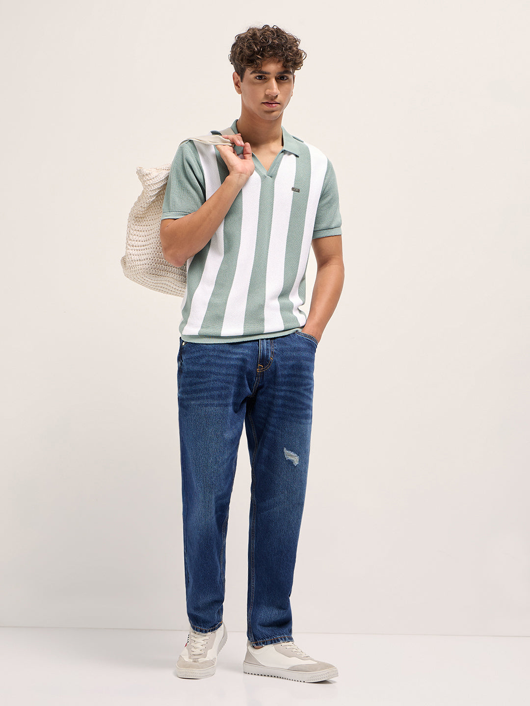 Green and White Bold Vertical Stripe Knit Regular Fit Polo