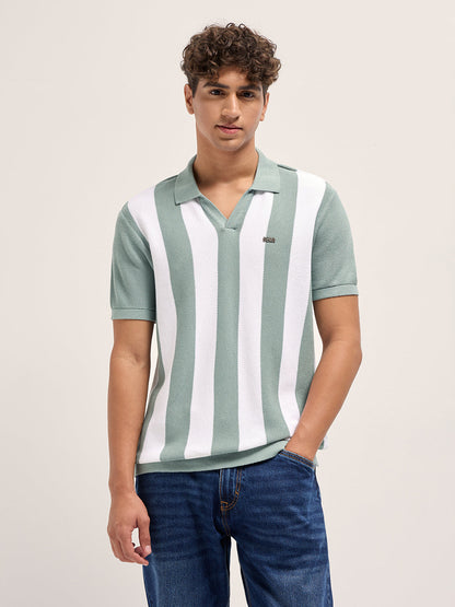 Green and White Bold Vertical Stripe Knit Regular Fit Polo
