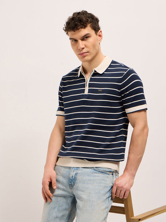 Navy Blue Slim Fit Polo with Contrast Collar and Horizontal Flat Knit Stripes