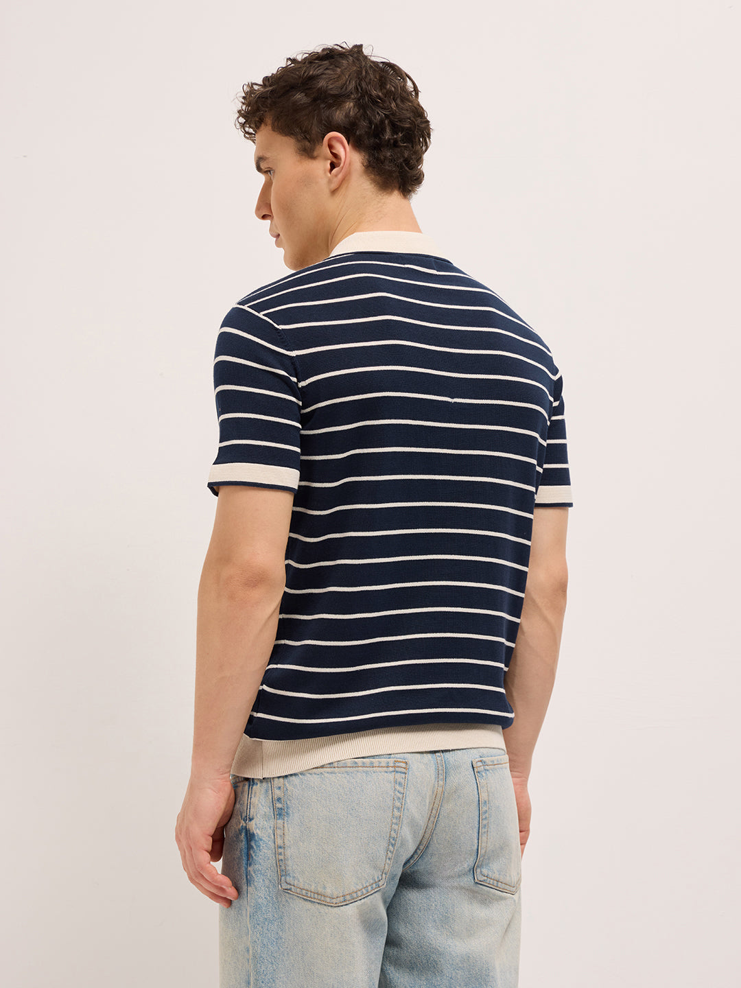 Navy Blue Slim Fit Polo with Contrast Collar and Horizontal Flat Knit Stripes