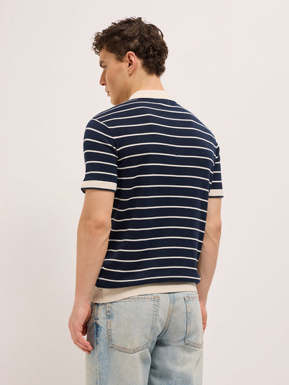 Navy Blue Slim Fit Polo with Contrast Collar and Horizontal Flat Knit Stripes
