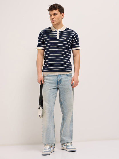 Navy Blue Slim Fit Polo with Contrast Collar and Horizontal Flat Knit Stripes