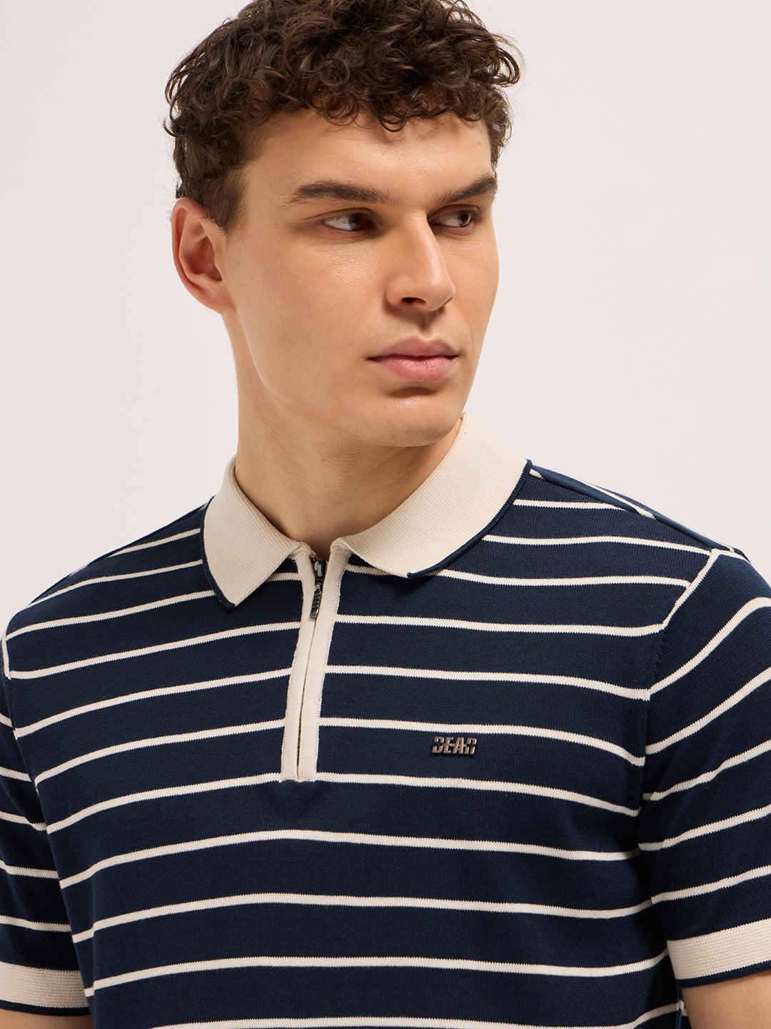 Navy Blue Slim Fit Polo with Contrast Collar and Horizontal Flat Knit Stripes