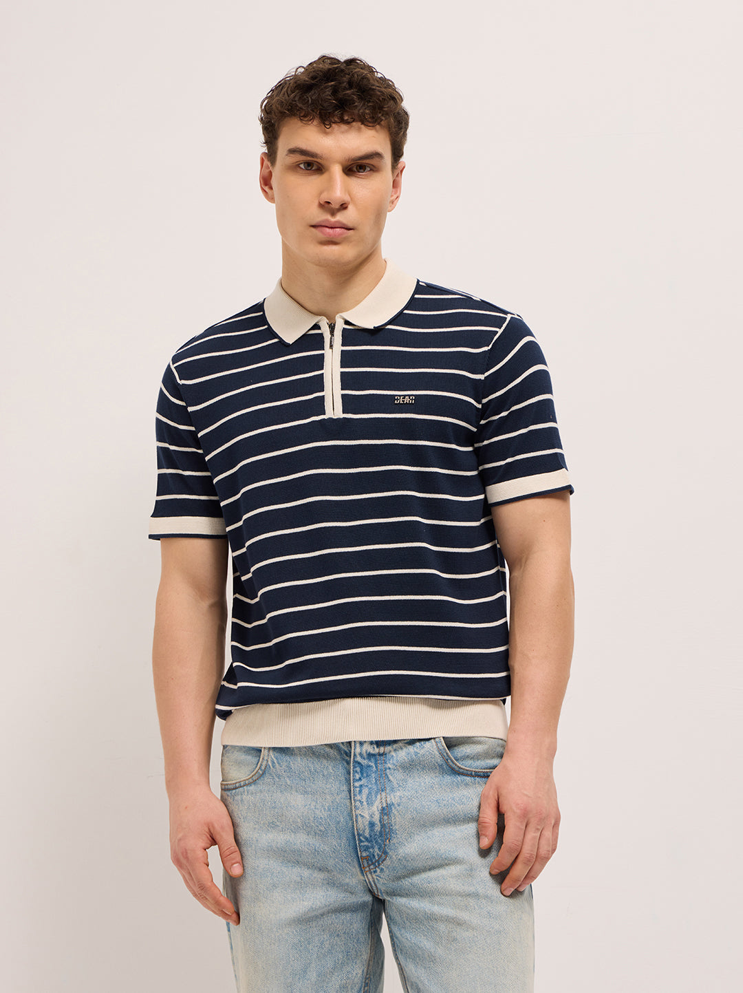 Navy Blue Slim Fit Polo with Contrast Collar and Horizontal Flat Knit Stripes