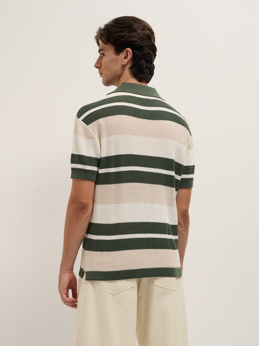 Multicolor Relaxed Fit Polo with Textured Horizontal Ribbed Stripes
