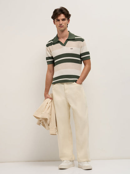 Multicolor Relaxed Fit Polo with Textured Horizontal Ribbed Stripes