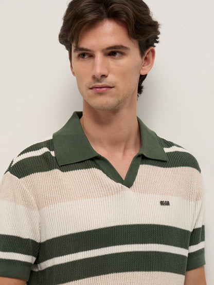 Multicolor Relaxed Fit Polo with Textured Horizontal Ribbed Stripes