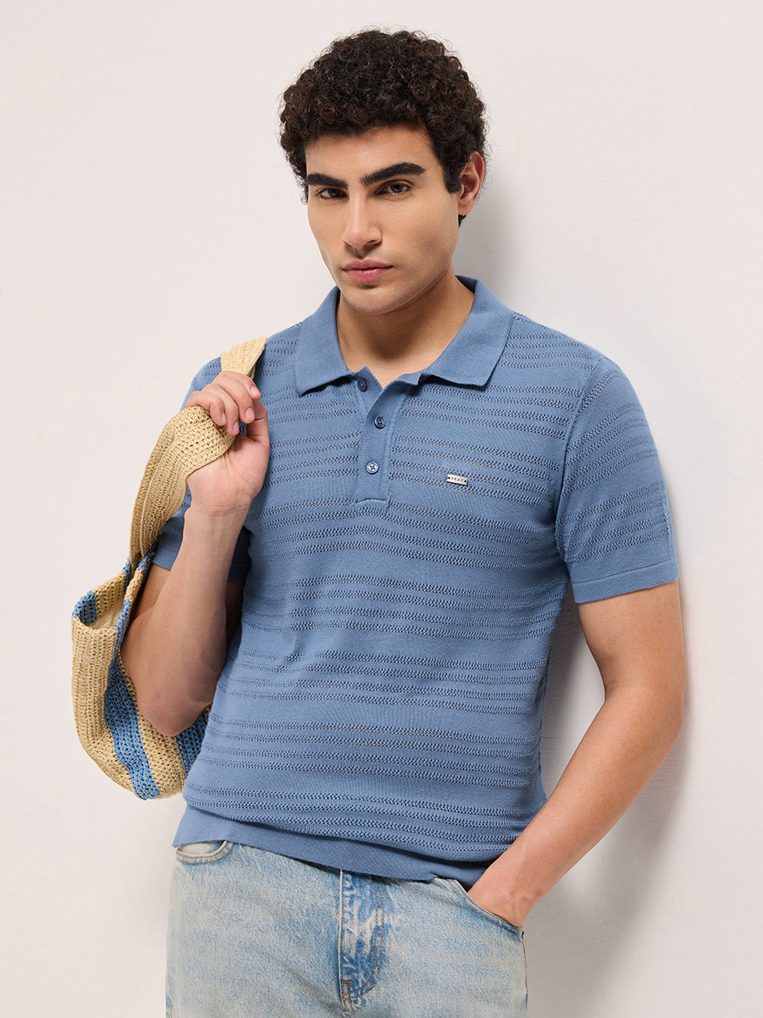 Blue Regular Fit Horizontal Textured Knit Polo with Transparent Effect
