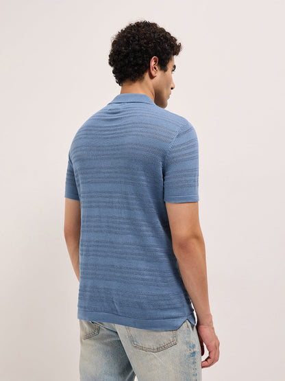Blue Regular Fit Horizontal Textured Knit Polo with Transparent Effect