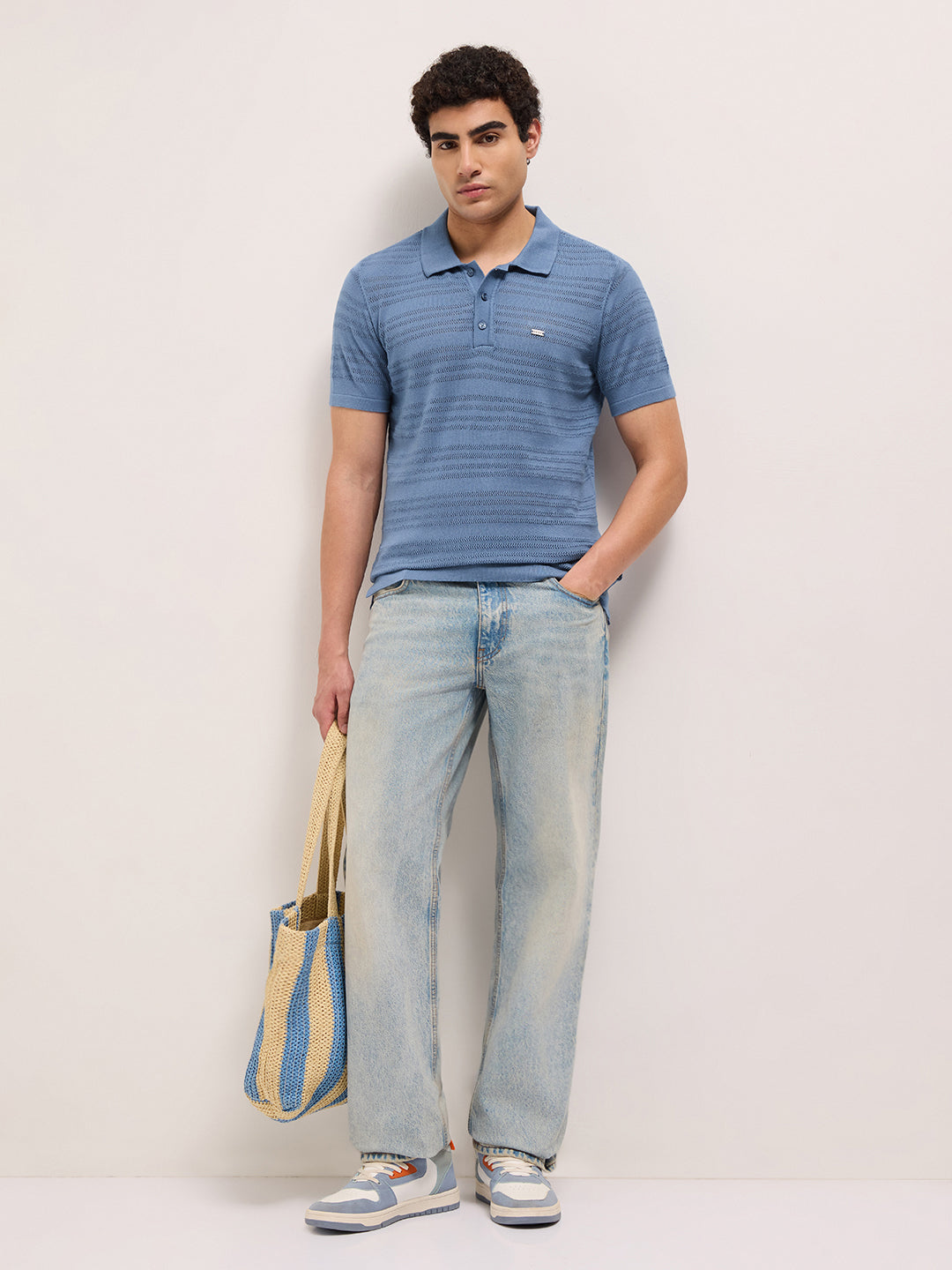 Blue Regular Fit Horizontal Textured Knit Polo with Transparent Effect