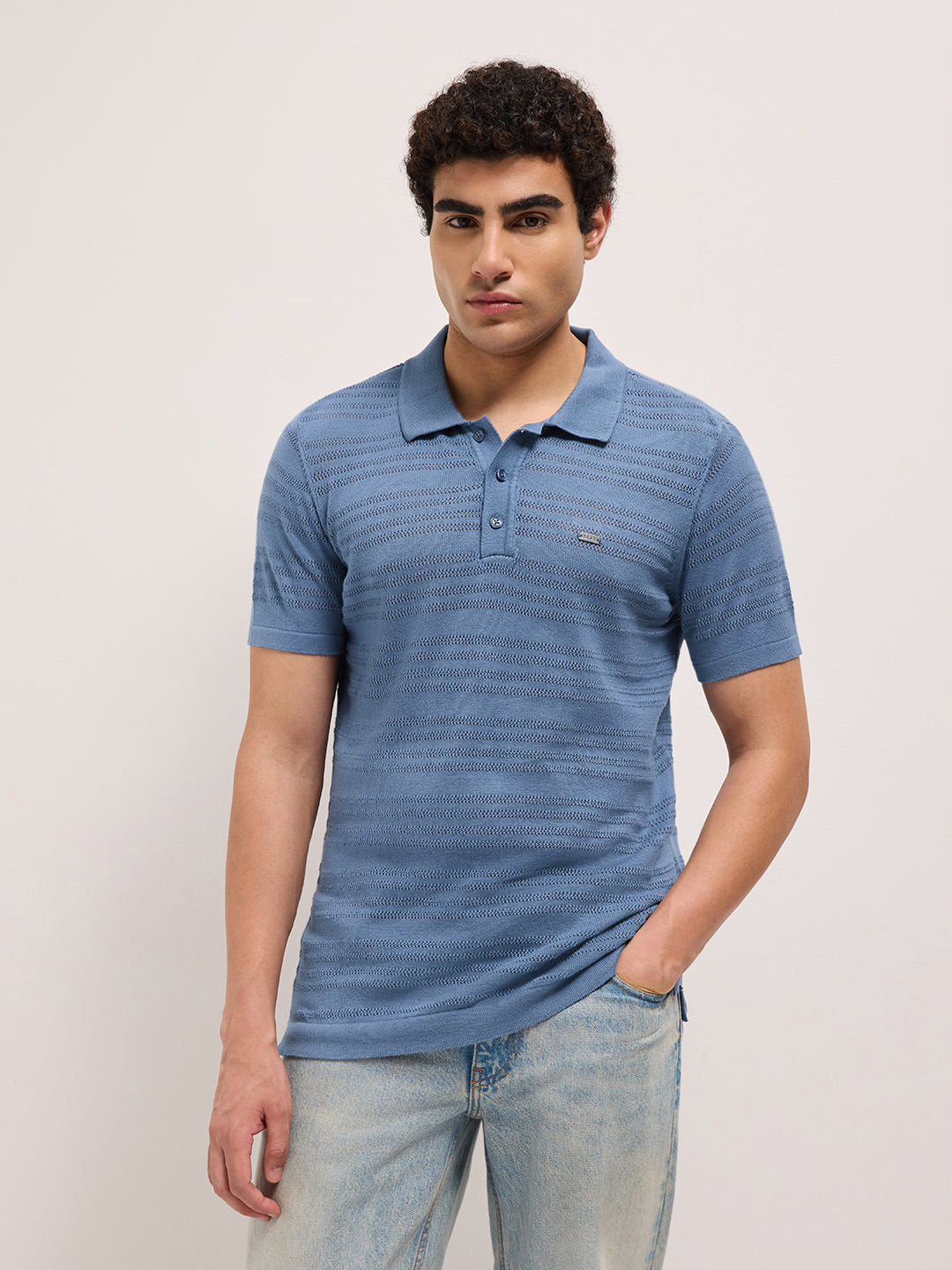 Blue Regular Fit Horizontal Textured Knit Polo with Transparent Effect