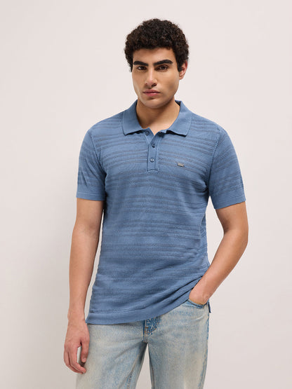 Blue Regular Fit Horizontal Textured Knit Polo with Transparent Effect